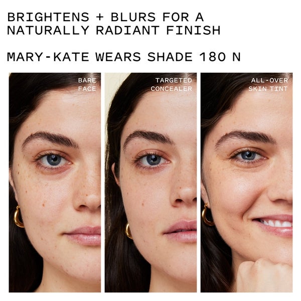 Before and after image of model applying concealer tint